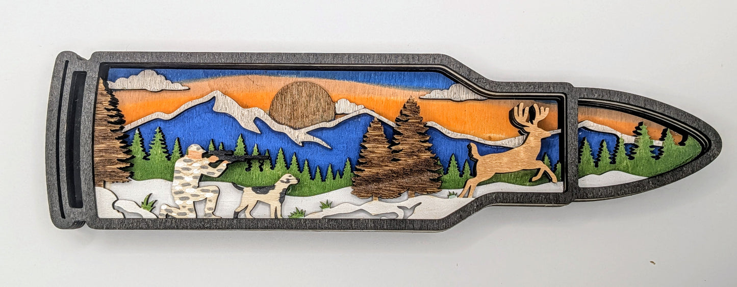 6 layer wooded bullet casing hunting scene