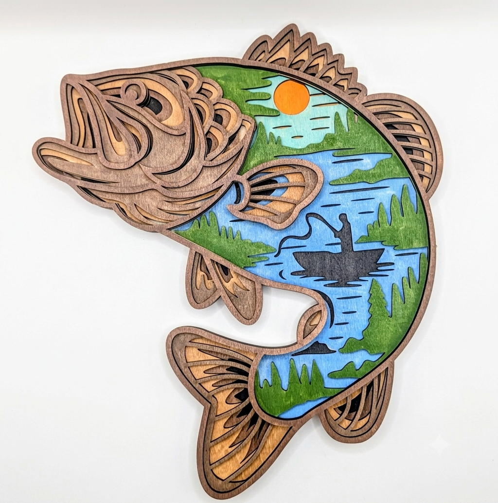 3D Layered Wooden Large Mouth Bass Wall Art – Handcrafted and hand painted 7-Layer Fish Sculpture 4
