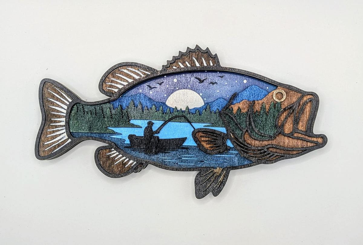 3D Layered Wooden Large Mouth Bass Wall Art – Handcrafted and hand painted 7-Layer Fish Sculpture 3