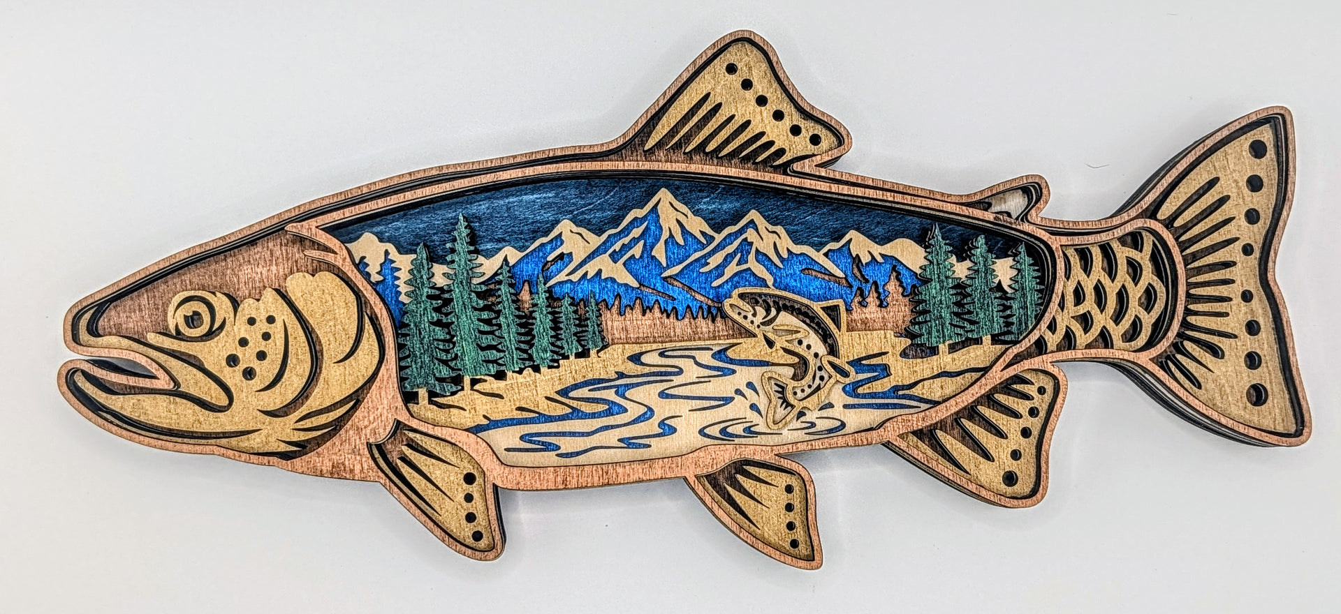 3D Layered Wooden Rainbow Trout Wall Art – Handcrafted 7-Layer Fish Sculpture